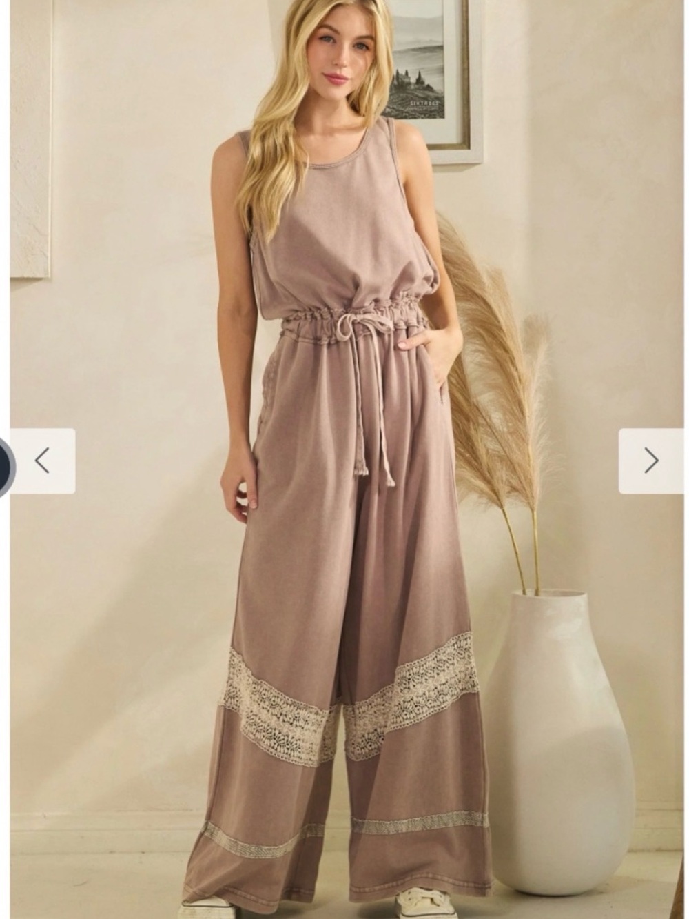 Oli & Hali Taupe Wide-Leg Jumpsuit with Lace Panels